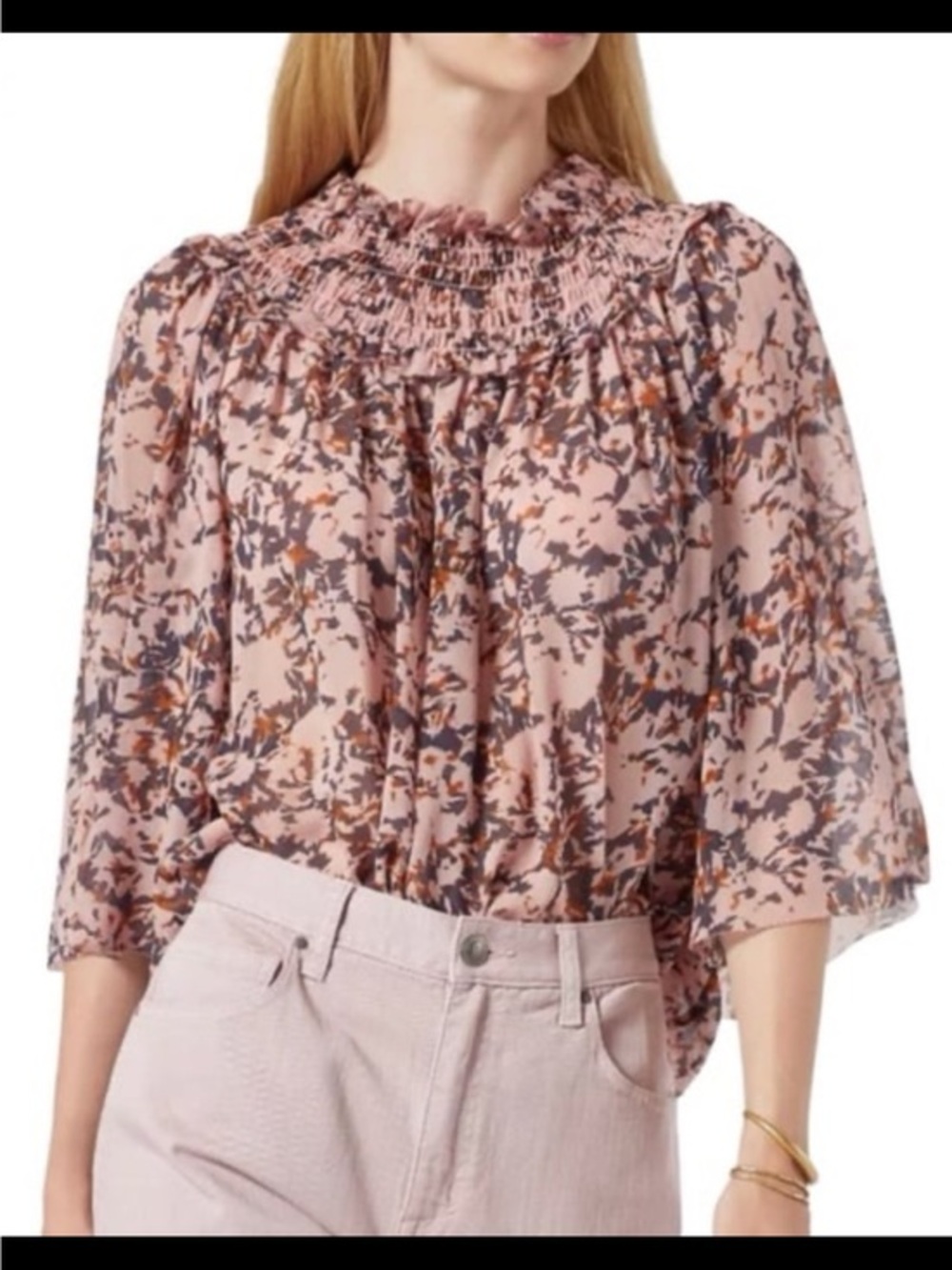 Joie Smocked Neck Floral Blouse - Pink